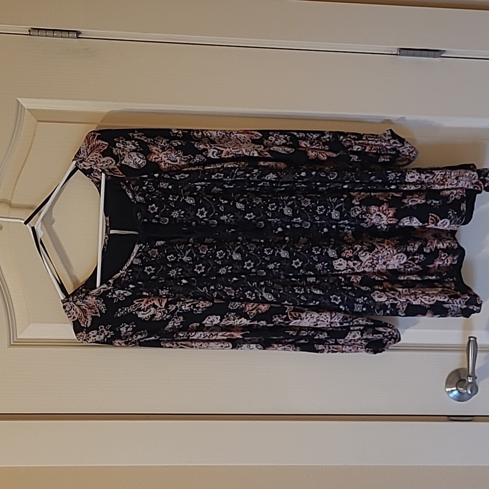 Free People - Tie Front Blouse - Black w/Rust/Orange and White Floral Design